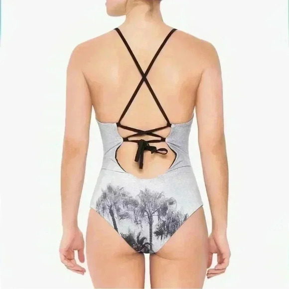 AKELA SURF | Women's Grey/Black Palm Tree Reversible One Piece Swimsuit - Picture 2 of 7